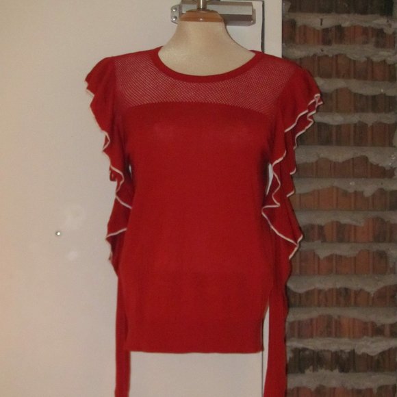 French Connection Red White Cold Shoulder Mesh Knit Sweater Ruffles Size L Large - Picture 2 of 7